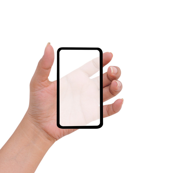 手をホールド カード、携帯電話、タブレット pc または他パームのガジェットは、白で隔離される女性 - 写真・画像