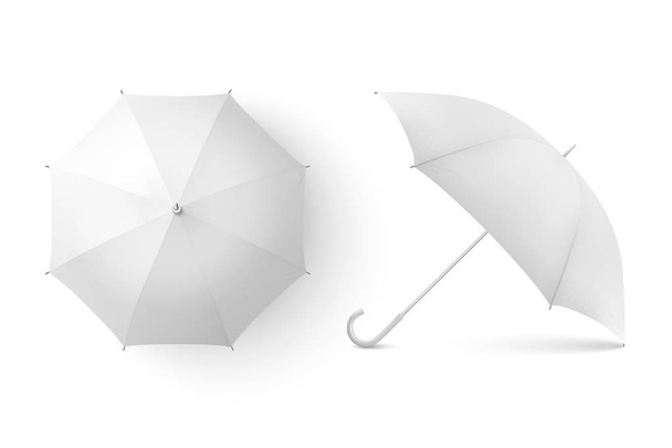 Vektor 3d realistisch rendern weiße leere Schirm-Symbol-Set Nahaufnahme isoliert auf weißem Hintergrund. Design-Vorlage geöffneter Sonnenschirme für Mock-up, Branding, Werbung usw. Ansicht von oben und von vorne - Vektor, Bild