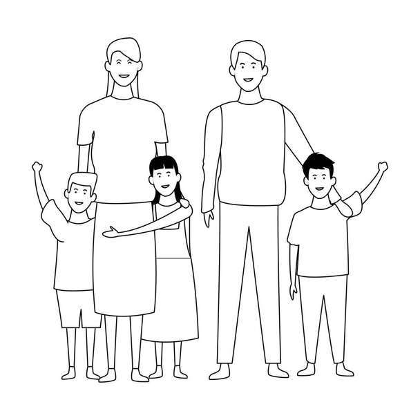 Siyah beyaz çocuk karikatürler ile Aile - Vektör, Görsel