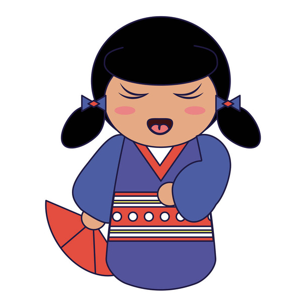 Χαριτωμένο κορίτσι Ιαπωνική με κιμονό μπλε γραμμές - Διάνυσμα, εικόνα