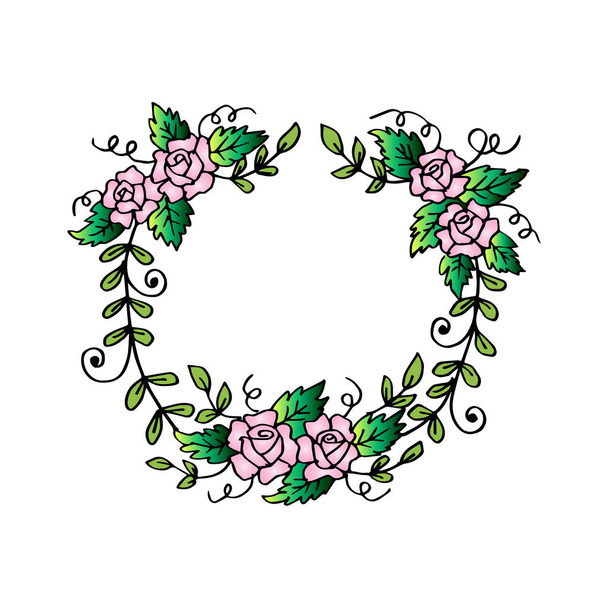 Wreath from rose hand drawing illustration. Floral frame with roses. - Vettoriali, immagini