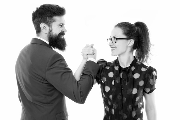 arm wrestling couple. Confrontation in office. defeat and victory. businessman and business woman leadership. partnership and teamwork. winning and loss. business arm wrestling. couple partnership - Foto, Bild