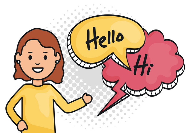 woman with speech bubbles with hi and hello message - Vector, Image