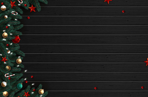 Christmas tree branches on wooden background, vector illustration - Vetor, Imagem