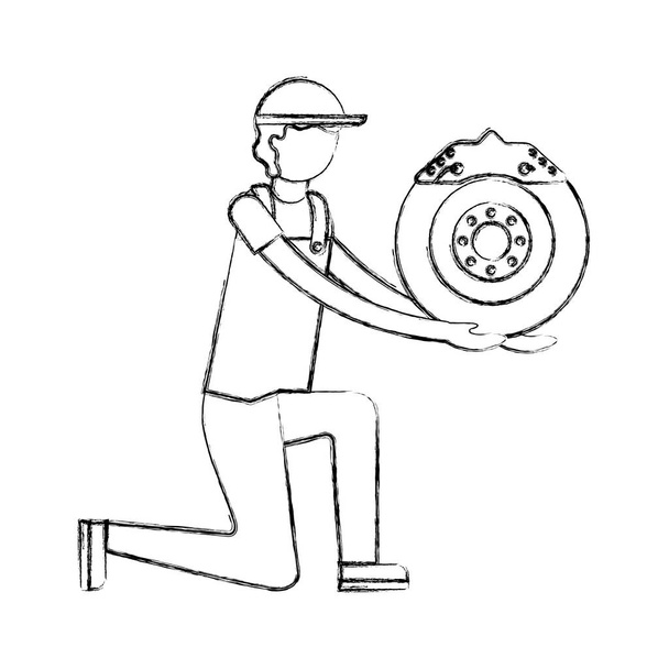 trabajador mecánico con disco de freno
 - Vector, Imagen