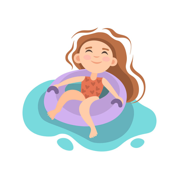 Καλοκαιρινή παιδική δραστηριότητα-μικρό κορίτσι που κάθεται σε φουσκωτό στρώμα στην πισίνα, τη θάλασσα ή τον ωκεανό. Καλοκαιρινή δραστηριότητα πισίνας, καλοκαιρινές διακοπές διακοπών. Κορίτσι σε φουσκωτό στρώμα - Διάνυσμα, εικόνα
