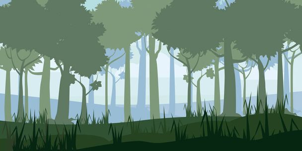 Erdei sziluett fa fák, növény bokrok és cserje panoráma háttérben. Természet-és környezetvédelmi koncepció lapos kivitel. Vektoros illusztráció. - Vektor, kép