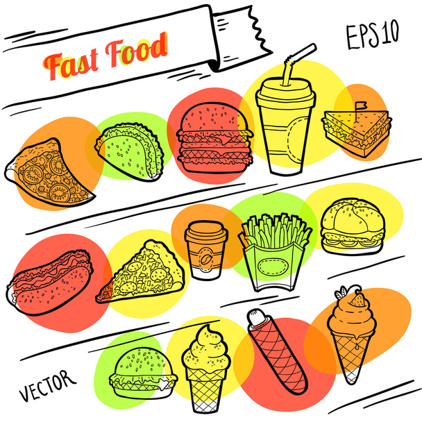 Fast food line illustration. Dynamic design. Set of hand drawn icons. Isolated objects. - ベクター画像