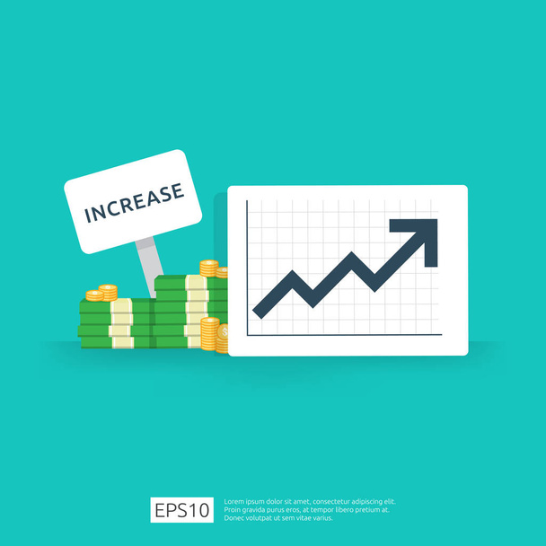 Finance performance of return on investment ROI concept with arrow. income salary rate increase. business profit growth margin revenue. cost sale icon. dollar symbol flat style vector illustration - Vector, Image