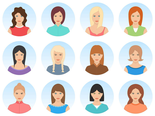 Beautiful women avatar set isolated on white background. Sexy smiling women avatar. Cute young girls portrait with different hair styles. High quality vector illustration. - Vector, Image