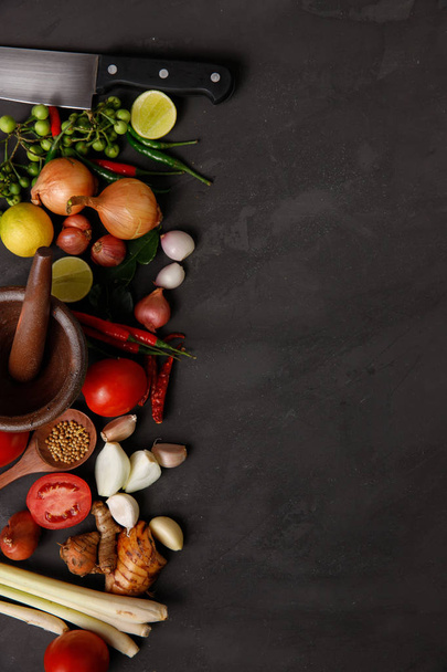 Thai kitchen. Various herbs, spices  and Ingredients on dark background. Top view with copy space - Zdjęcie, obraz
