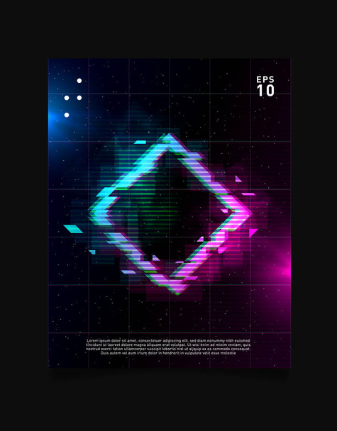 Rhombus glitch effect in space laser grid with blue and pink glows and smoke. Retrowave vaporwave synthwave design for poster, flyer, cover, brochure, card, club invitation. - Vector, Image