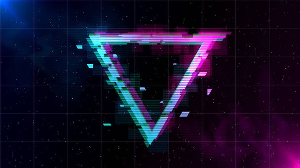 Synthwave Vaporwave Retrowave Glitch Triangle with blue and pink glows with smoke and particles on laser grid space background. Design for poster, cover, web, banner, wallpaper. - Vector, Image