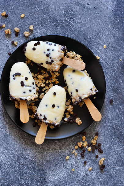 Vanilla ice cream with chocolate drops and granola  - Фото, изображение