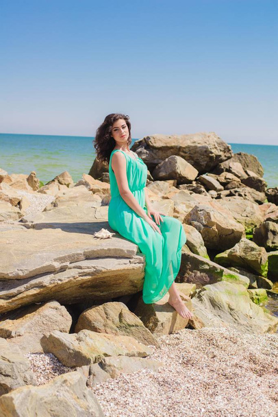 Young beautiful girl in a long dress on the beach  - Foto, imagen