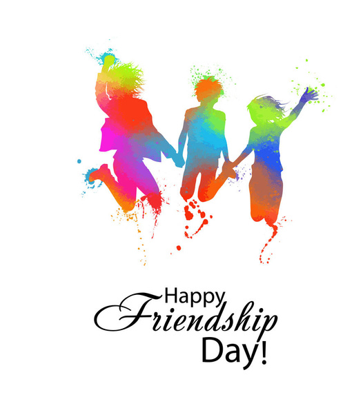 Silhouettes of jumping multicolored friends. Happy Friends Day. Usable as greeting cards, posters, clothing, t-shirt for your friends. Vector illustration - Vector, Image