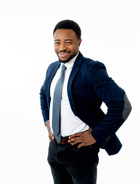 Half-length portrait of confident handsome african american businessman in fashion modern formal wear suit standing and looking happy. Isolated on white background. Concept of leadership and success. - Φωτογραφία, εικόνα
