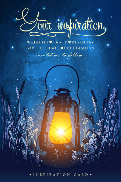 Amazing vintage lanten at night sky background. Unusual inspiration card for wedding, date, birthday, tea or garden party - Vector, Image