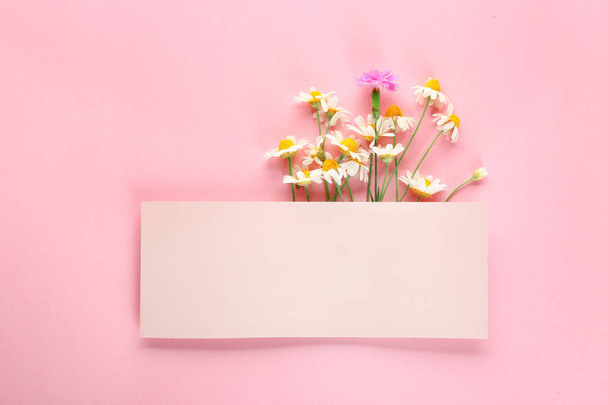 Empty card with fresh wild flowers on color background - Foto, imagen