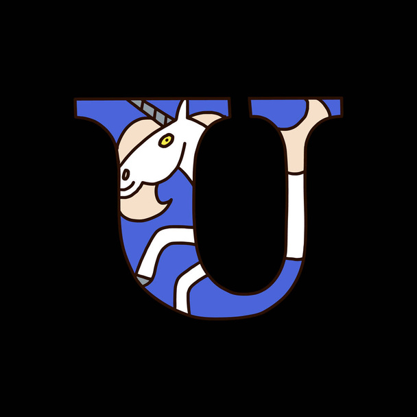 Letra u del alfabeto de serie con doodle unicornio
 - Vector, Imagen