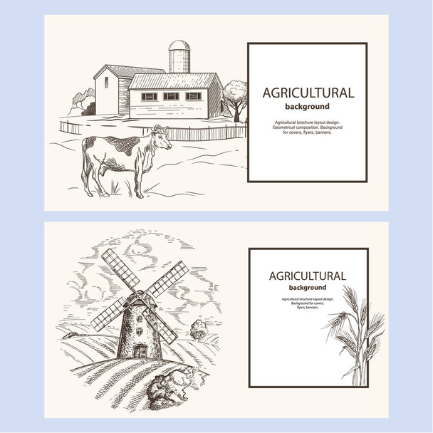 Vidéki táj egy malom és a területen. A tehén áll, közel a pajtában. Kézzel rajzolt kép. Vektoros illusztráció. Sablon vízszintes transzparenshez. - Vektor, kép