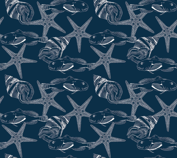 бесшовная печать футболки с изображением рыбы и морской звезды с раковинами, вектором, иллюстрацией
  - Вектор,изображение