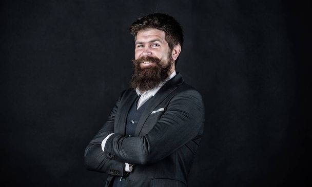 happy brutal caucasian hipster with moustache. Male formal fashion. Stylish event manager. Businessman in suit. happy mature hipster with beard. event manager. Bearded man event manager - Фото, изображение