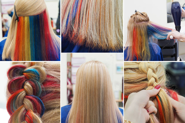 Collage van multi-gekleurd haar. Gekleurde kleuring van het haar. - Foto, afbeelding