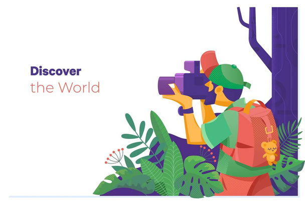Discover the World.Photographer taking pictures in the middle of nature - Vector, Image