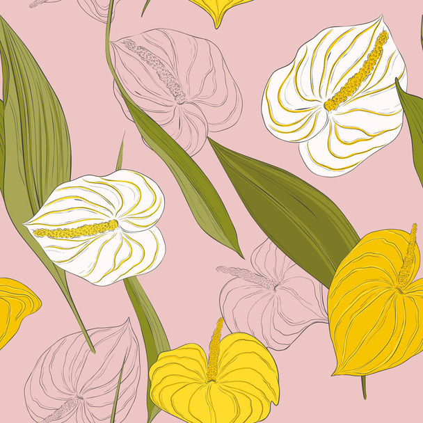Seamless kala pattern with light yellow and white lily  flowers and  green long leaves on pink background.Modern calla  botanical nature design. - Wektor, obraz