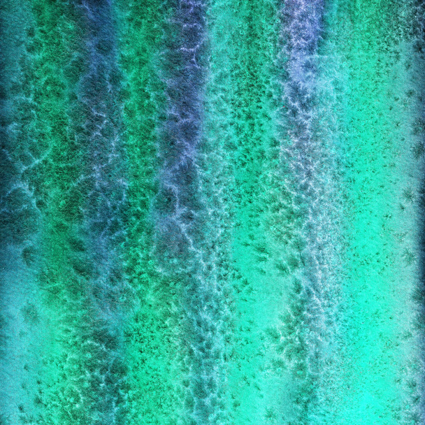 Abstract painting drawn by watercolor technique. Picture with emerald, green, mint colorful water stains, gradients on blue background. Imitation of sea ocean waves on canvas. Modern art concept.  - Photo, Image