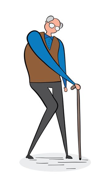 Old man walking with his walking stick, hand-drawn vector illust - Vector, Image