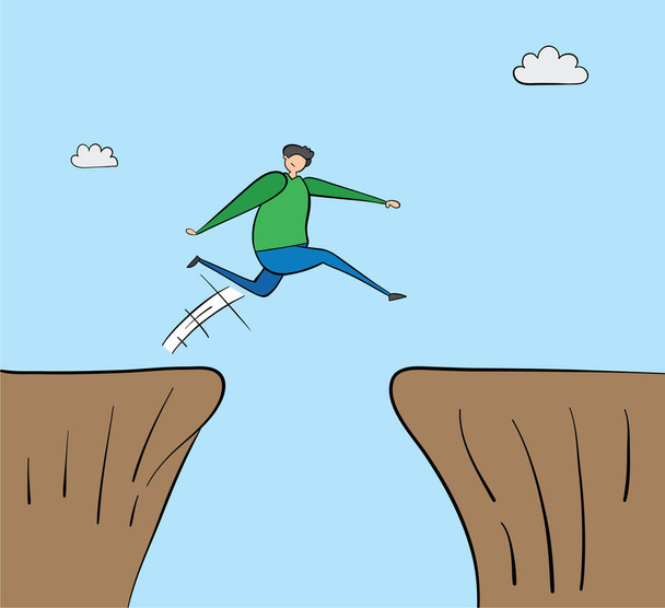 Mann springt über Abgrund, handgezeichnete Vektorillustration. schwarz ou - Vektor, Bild