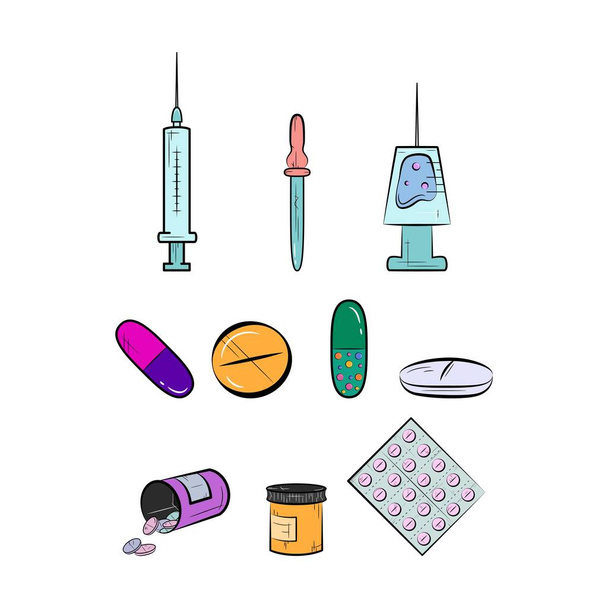 Reihe medizinischer Symbole. bunte Pille Symbole auf weißem Hintergrund. - Vektor, Bild