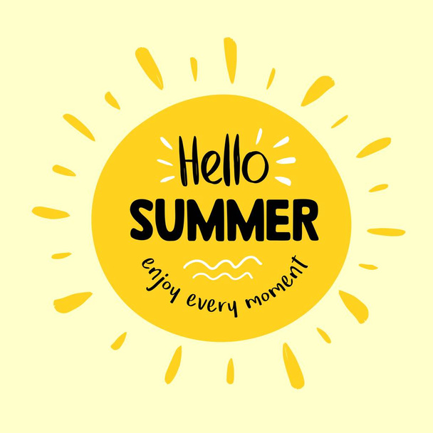 Big yellow summer sun isolated on background with Hello Summer words on it. Enjoy every moment illustration - Vettoriali, immagini