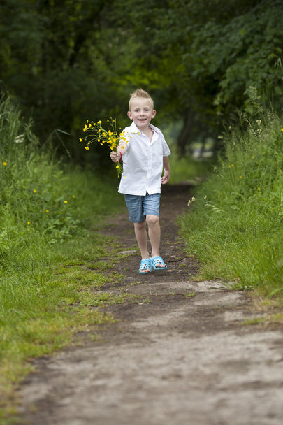 Mother's day : little boy with flowers , outdoors - Foto, afbeelding
