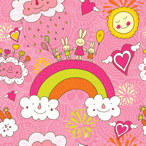 Cheerful rabbits walk over the rainbow. Seamless pattern can be used for wallpaper, pattern fills, web page background, postcards. - Vector, Image