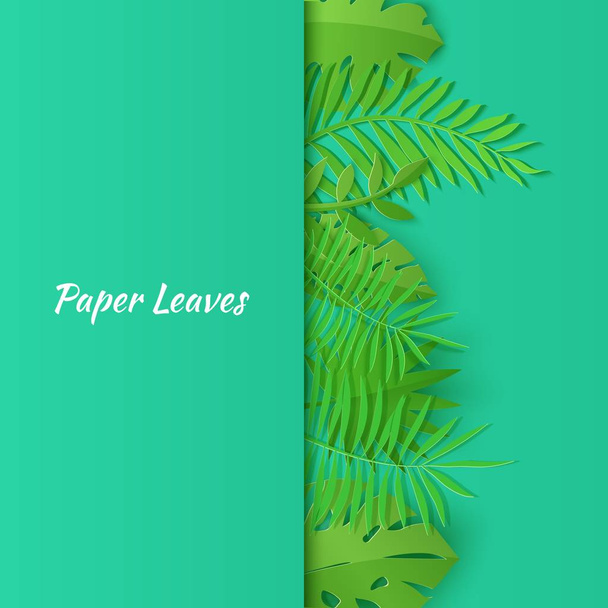 Vertical border of summer tropical leaves in paper cut style. Craft jungle plants collection on green background. Creative vector card illustration in paper cutting art style. - Vector, Image
