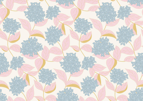 hortensias salpicaduras patrón de vectores sin costura primavera. hortensias azules con hojas rosadas formando un hermoso patrón sobre fondo blanco hueso
 - Vector, imagen