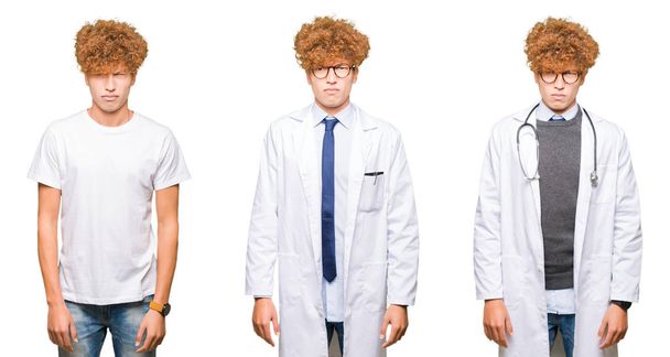 Collage eines jungen Arztes in medizinischem Mantel über isoliertem weißem Hintergrund, der skeptisch und nervös ist und wegen des Problems die Stirn runzelt. Negative Person. - Foto, Bild