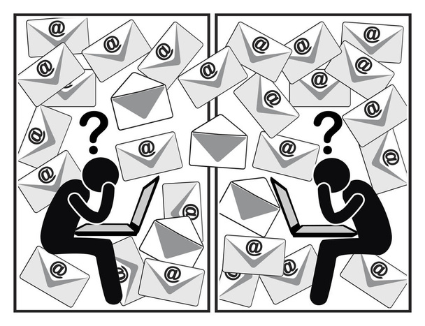 Verwarrende e-mail communicatie. De dagelijkse vloed van boodschappen op het werk is frustrerend en tijdrovend - Foto, afbeelding