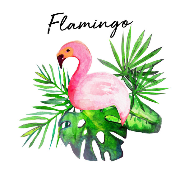  χρώμα νερού Φλαμίνγκο με παλάμη - Φωτογραφία, εικόνα