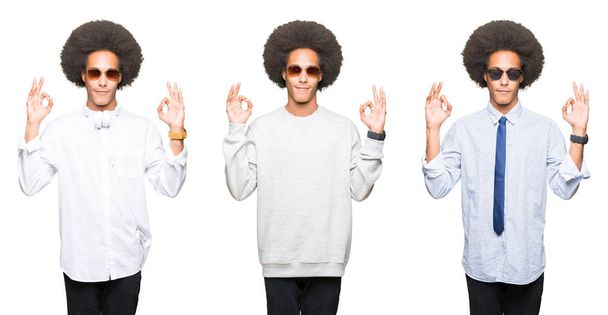 Коллаж молодого человека с афроволосами на белом изолированном фоне расслабляет и улыбается с закрытыми глазами, делая медитационный жест пальцами. Концепция йоги
. - Фото, изображение