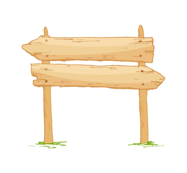 Placa de madeira velha do sinal do cartoon em branco com grama isolada no branco. Tabuleiro objeto de seta e prancha de madeira ilustração outdoor
. - Vetor, Imagem