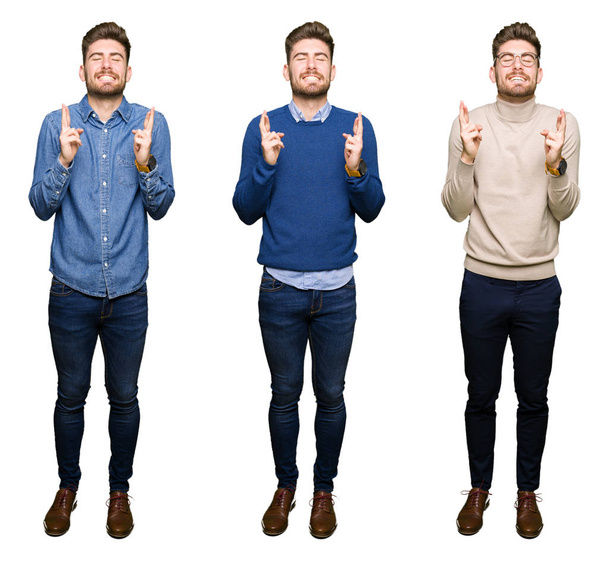 Collage of handsome young business man over white isolated background smiling crossing fingers with hope and eyes closed. Luck and superstitious concept. - Foto, afbeelding