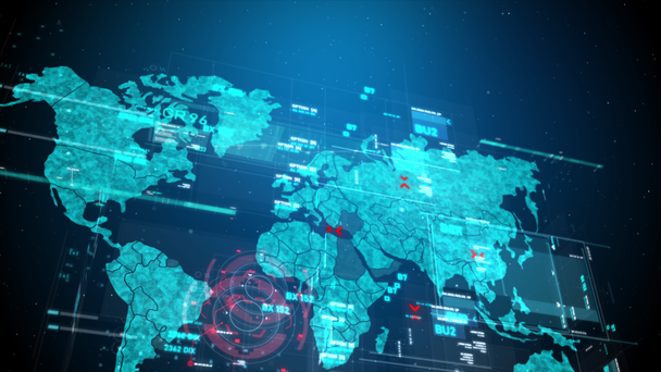 Світова карта Футуристичний інтерфейс користувача HUD GUI цифровий текстовий елемент концепції кібер-технологій з темним і зернистою обробкою
 - Кадри, відео