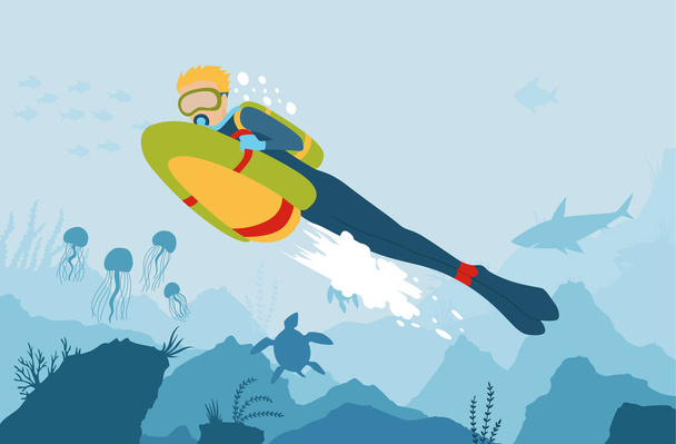 Scuba Diver tengeri Bob tárja fel a tenger fenekén. Vector rajzfilm stílusú víz alatti hátteret a tengeri Flóra és fauna. Korallzátony, tengeri növények és halak sziluettek. Búvárklub banner. - Vektor, kép