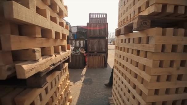 Ein junger Arbeiter in Uniform geht zwischen Holzpaletten im Auslieferungslager umher. Zeitlupe - Filmmaterial, Video