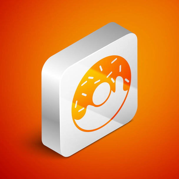 Izometrický prstenec s sladkou glazovou ikonou izolovanou na oranžovém pozadí. Stříbrné čtvercové tlačítko. Vektorová ilustrace - Vektor, obrázek