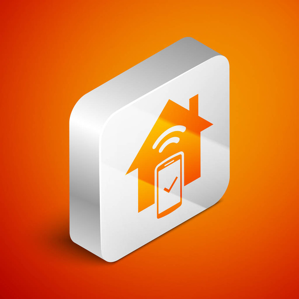 isometrisches Smart Home - Fernbedienungssymbole isoliert auf orangefarbenem Hintergrund. Silberner quadratischer Knopf. Vektorillustration - Vektor, Bild